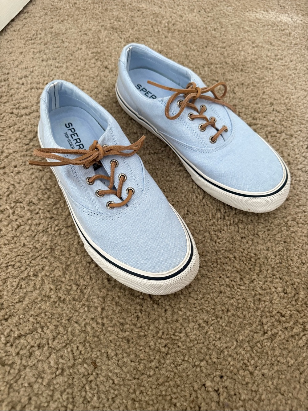 Sperry Pale Blue Canvas Sneakers with Brown Laces